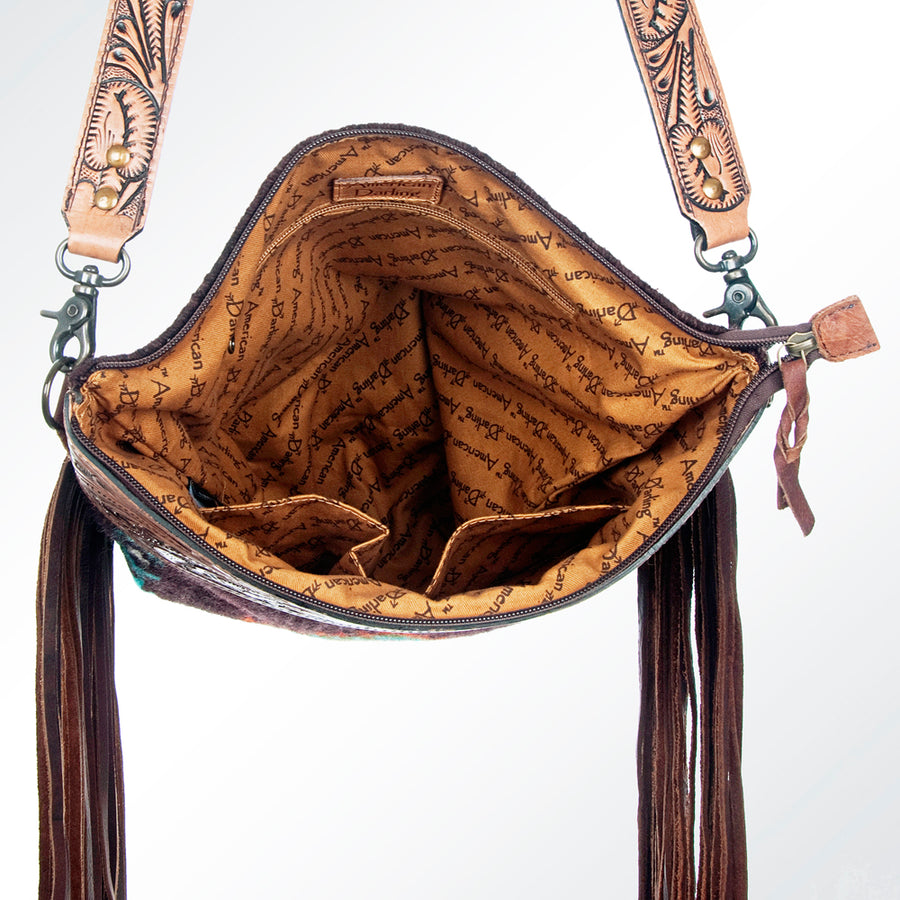 American Darling Signature Cross Body Bag Hand Tooled Floral Carved Leather Woven Saddle Blanket Fringes Genuine Leather