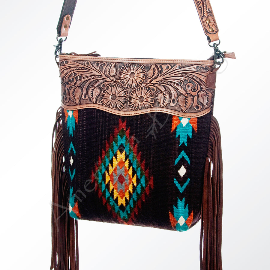 American Darling Cross body Bag - Hand Tooled Floral Leather and Woven Saddle Blanket - Uhorse