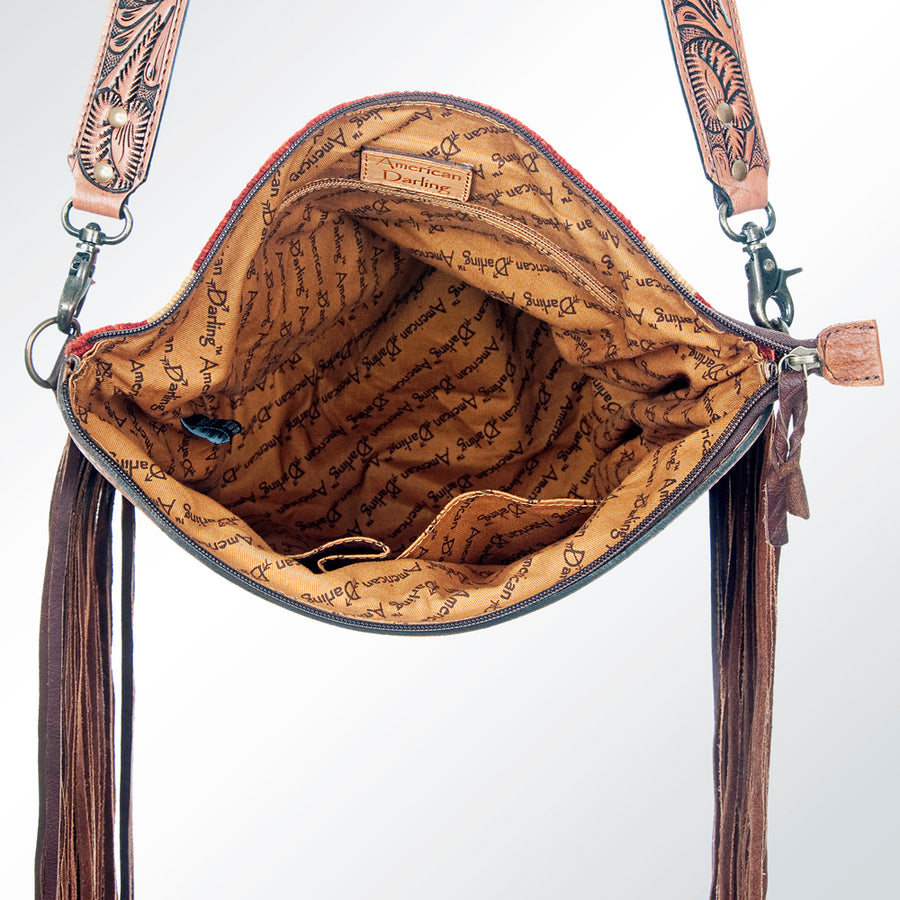 American Darling Signature Cross Body Bag Hand Tooled Floral Carved Leather Woven Saddle Blanket Fringes Genuine Leather
