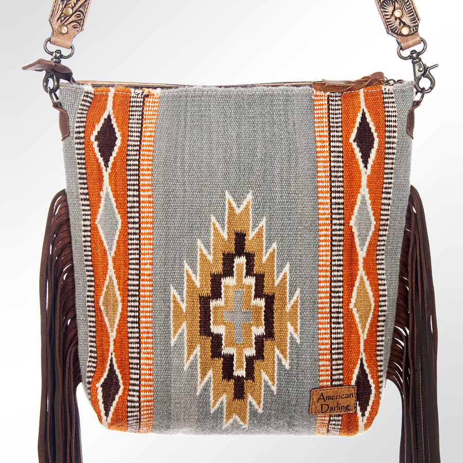 American Darling Signature Cross Body Bag Hand Tooled Floral Carved Leather Woven Saddle Blanket Fringes Genuine Leather