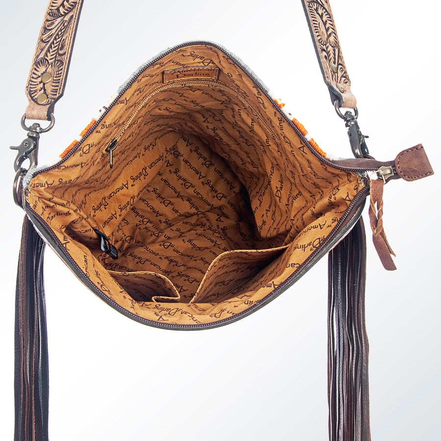 American Darling Signature Cross Body Bag Hand Tooled Floral Carved Leather Woven Saddle Blanket Fringes Genuine Leather