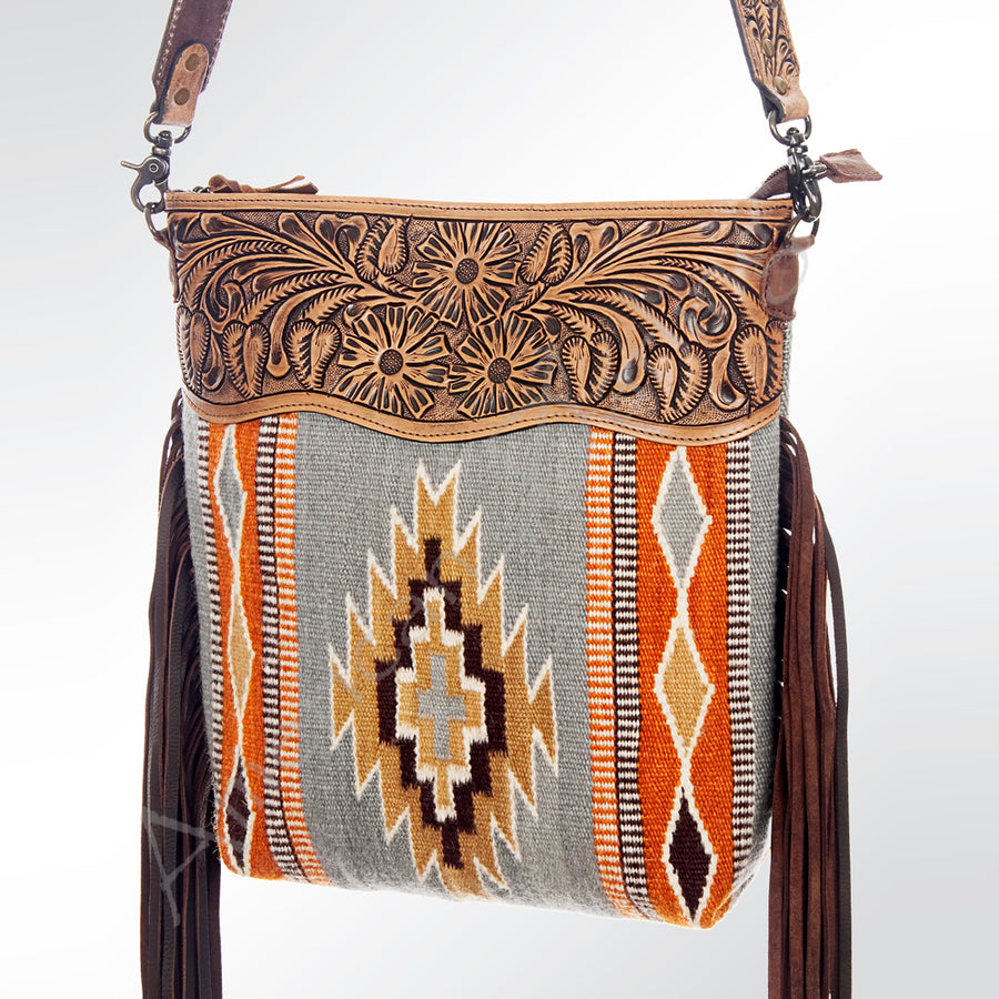 American Darling Cross body Bag - Hand Tooled Floral Leather and Woven Saddle Blanket - Uhorse