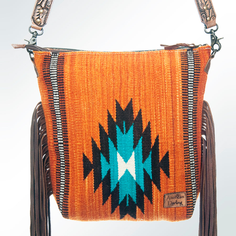American Darling Signature Cross Body Bag Hand Tooled Floral Carved Leather Woven Saddle Blanket Fringes Genuine Leather