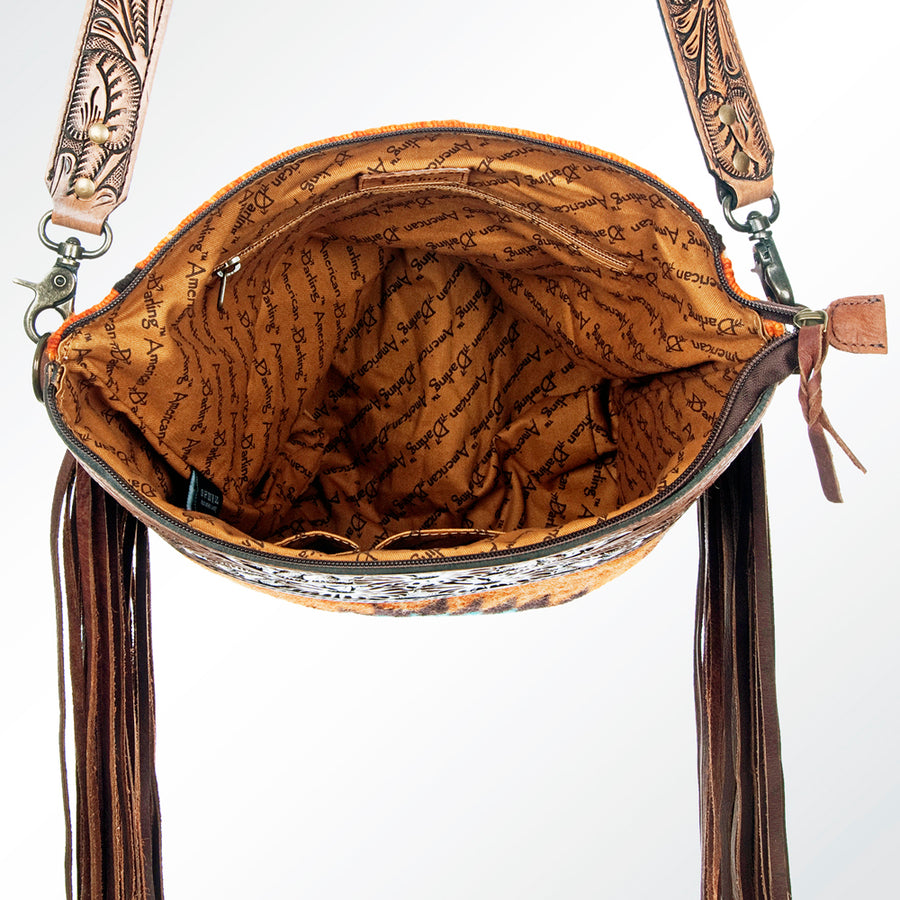 American Darling Signature Cross Body Bag Hand Tooled Floral Carved Leather Woven Saddle Blanket Fringes Genuine Leather