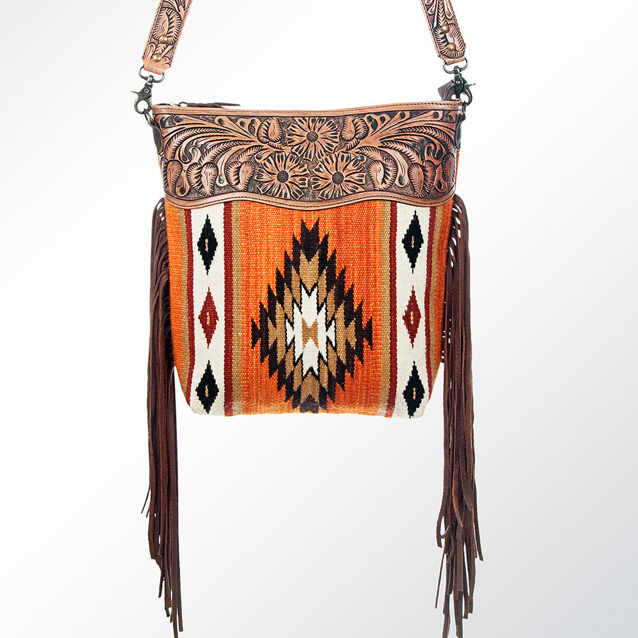 American Darling Signature Cross Body Bag Hand Tooled Floral Carved Leather Woven Saddle Blanket Fringes Genuine Leather