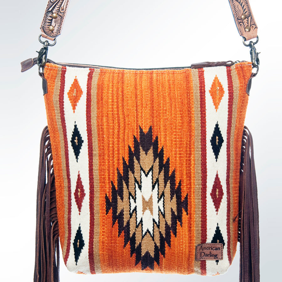 American Darling Signature Cross Body Bag Hand Tooled Floral Carved Leather Woven Saddle Blanket Fringes Genuine Leather