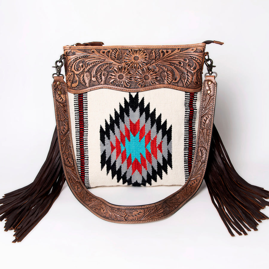 American Darling Signature Cross Body Bag Hand Tooled Floral Carved Leather Woven Saddle Blanket Fringes Genuine Leather