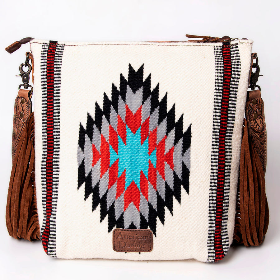 American Darling Signature Cross Body Bag Hand Tooled Floral Carved Leather Woven Saddle Blanket Fringes Genuine Leather