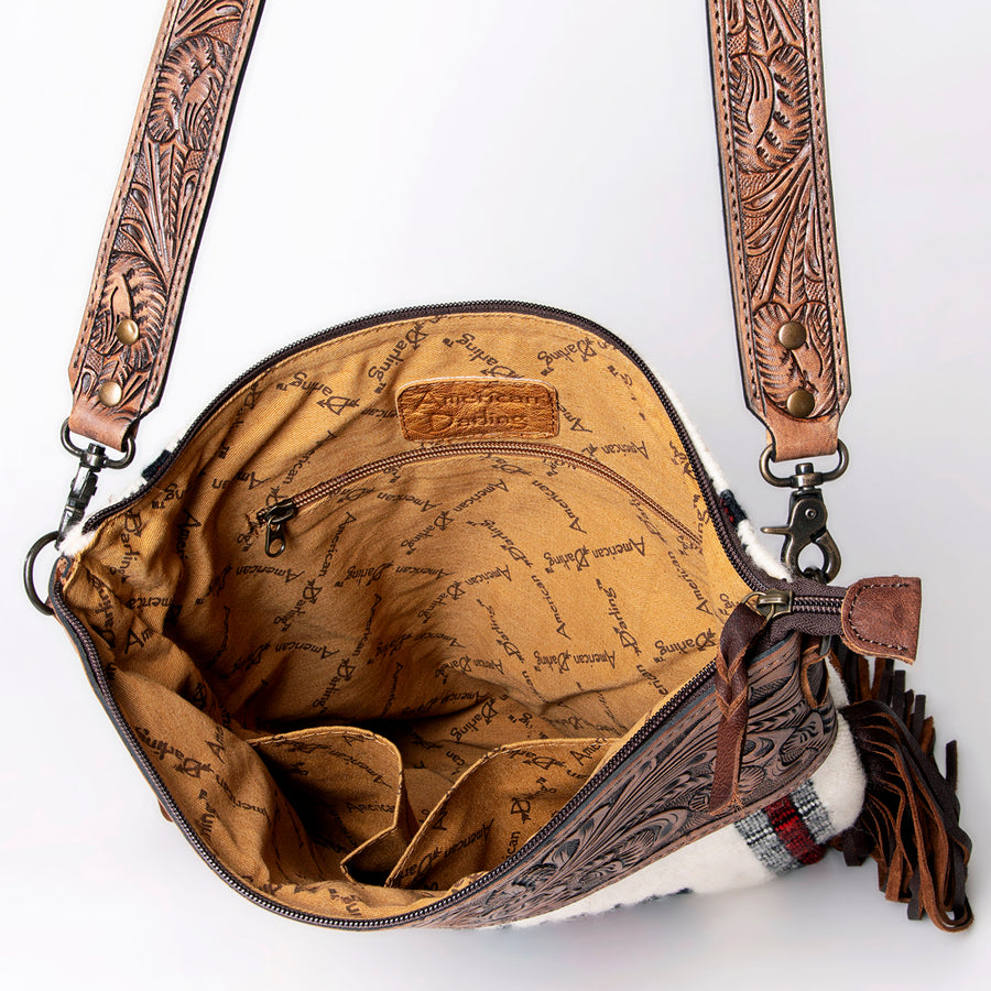 American Darling Signature Cross Body Bag Hand Tooled Floral Carved Leather Woven Saddle Blanket Fringes Genuine Leather