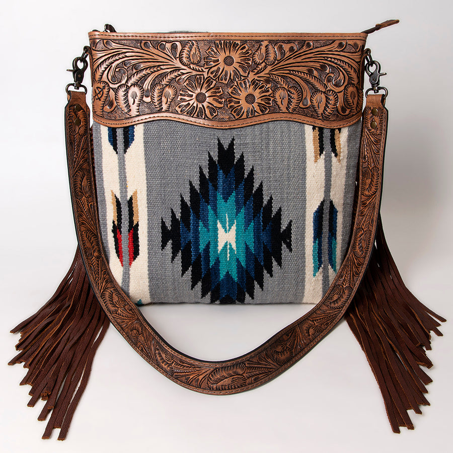 American Darling Signature Cross Body Bag Hand Tooled Floral Carved Leather Woven Saddle Blanket Fringes Genuine Leather