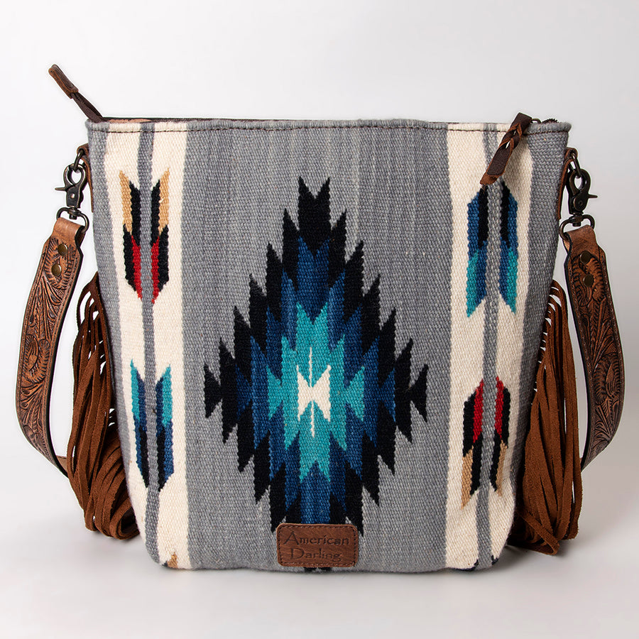 American Darling Signature Cross Body Bag Hand Tooled Floral Carved Leather Woven Saddle Blanket Fringes Genuine Leather