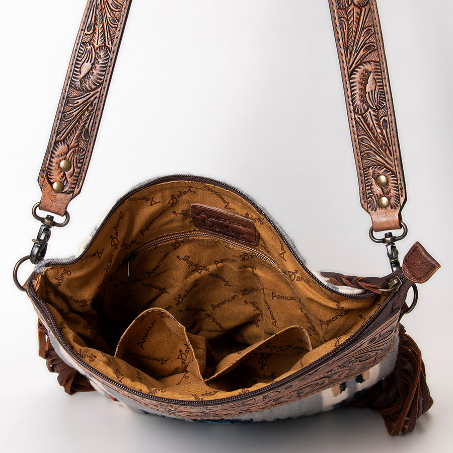 American Darling Signature Cross Body Bag Hand Tooled Floral Carved Leather Woven Saddle Blanket Fringes Genuine Leather