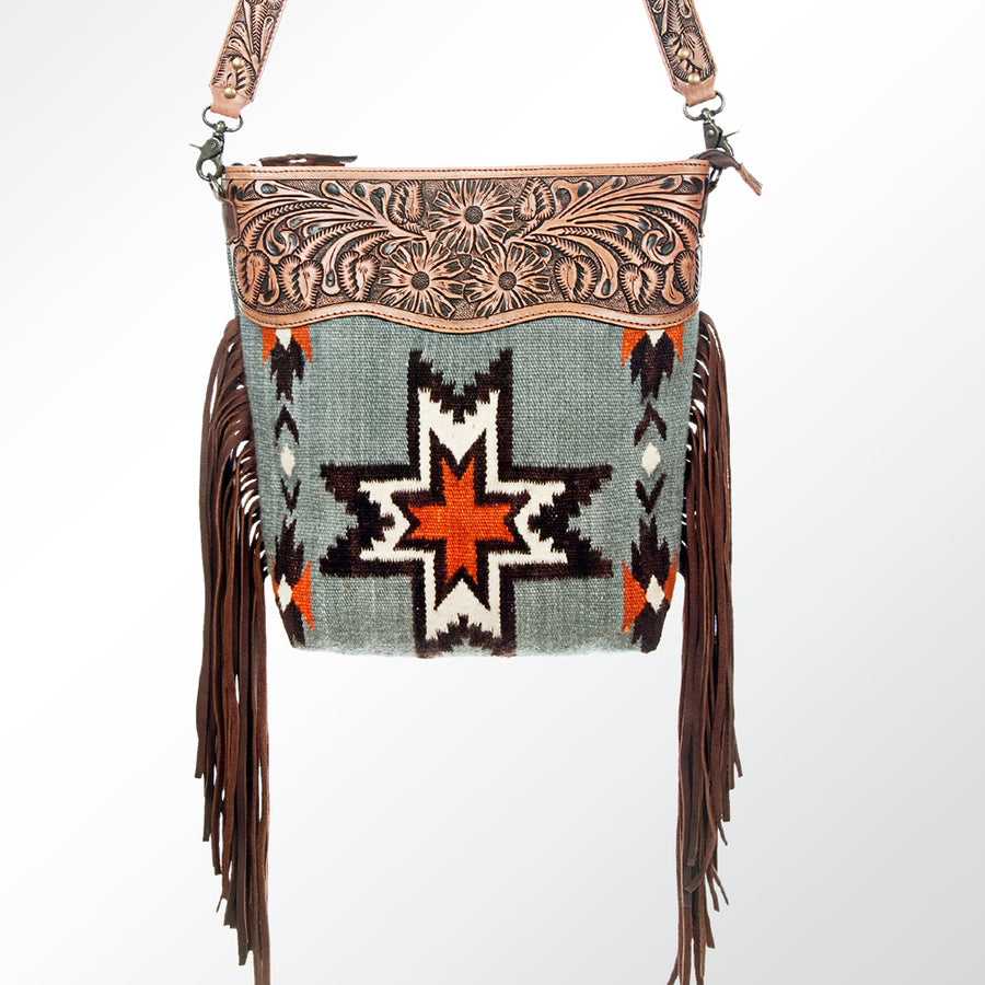 American Darling Signature Cross Body Bag Hand Tooled Floral Carved Leather Woven Saddle Blanket Fringes Genuine Leather