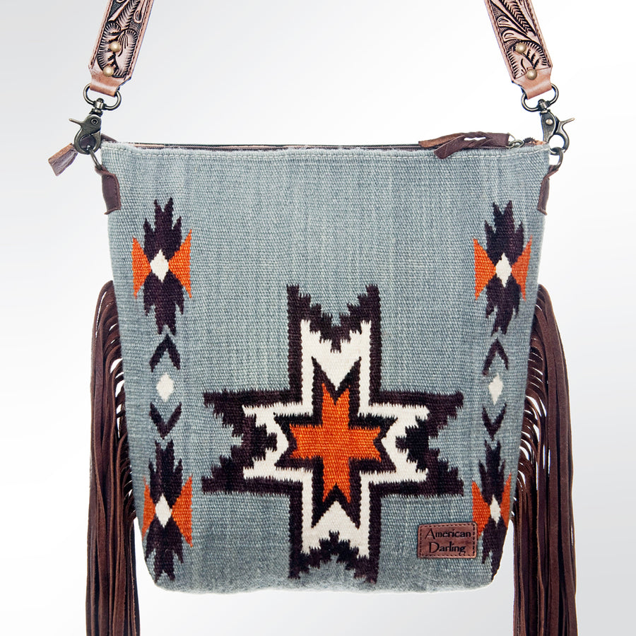 American Darling Signature Cross Body Bag Hand Tooled Floral Carved Leather Woven Saddle Blanket Fringes Genuine Leather