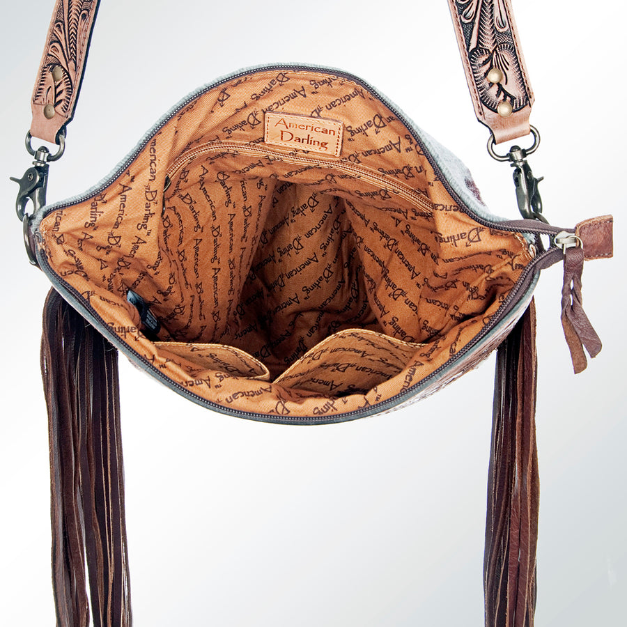 American Darling Signature Cross Body Bag Hand Tooled Floral Carved Leather Woven Saddle Blanket Fringes Genuine Leather