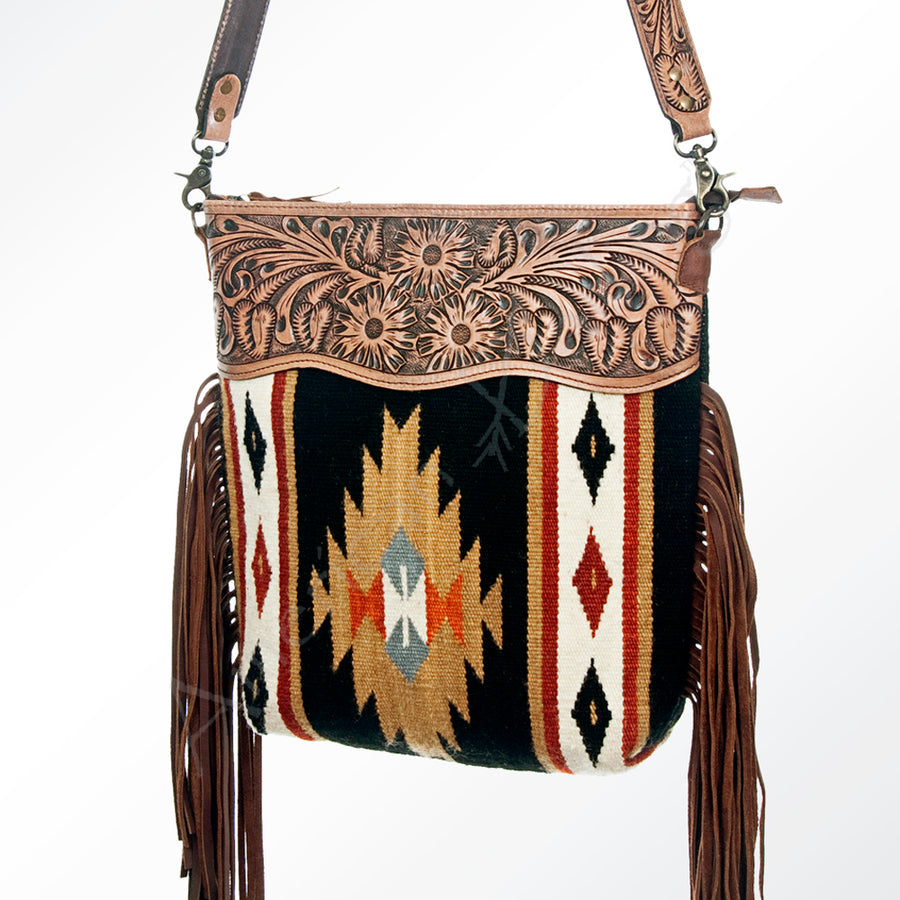 American Darling Cross body Bag - Hand Tooled Floral Leather and Woven Saddle Blanket - Uhorse