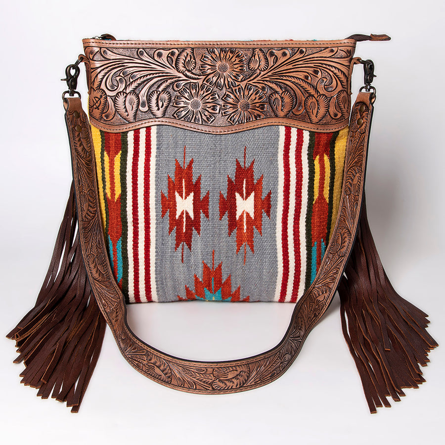 American Darling Signature Cross Body Bag Hand Tooled Floral Carved Leather Woven Saddle Blanket Fringes Genuine Leather