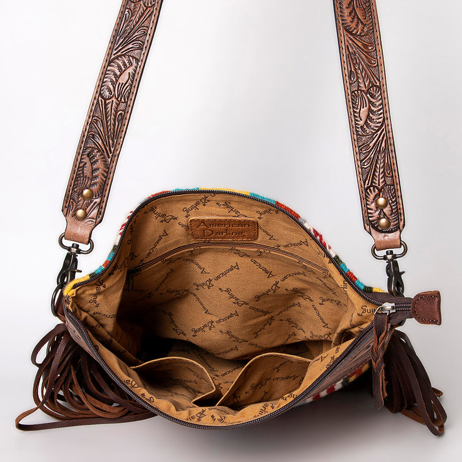 American Darling Signature Cross Body Bag Hand Tooled Floral Carved Leather Woven Saddle Blanket Fringes Genuine Leather
