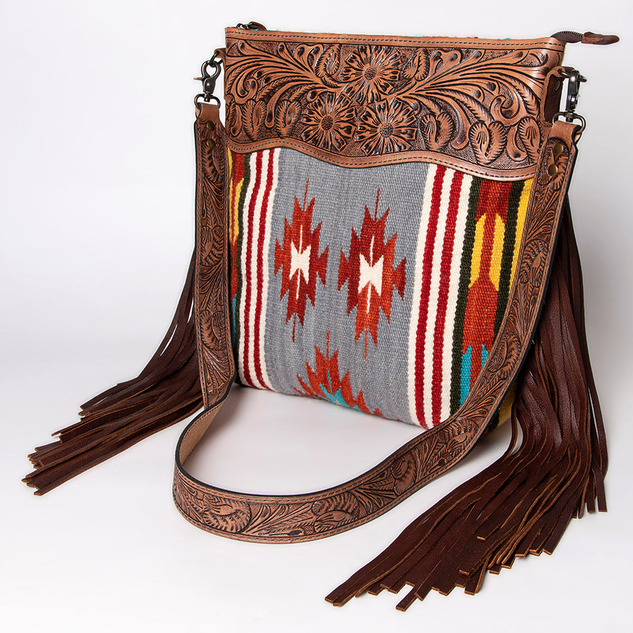American Darling Cross body Bag - Hand Tooled Floral Leather and Woven Saddle Blanket - Uhorse