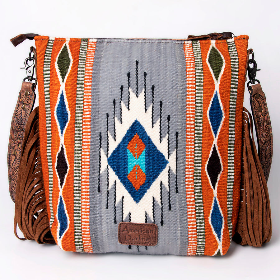 American Darling Signature Cross Body Bag Hand Tooled Floral Carved Leather Woven Saddle Blanket Fringes Genuine Leather