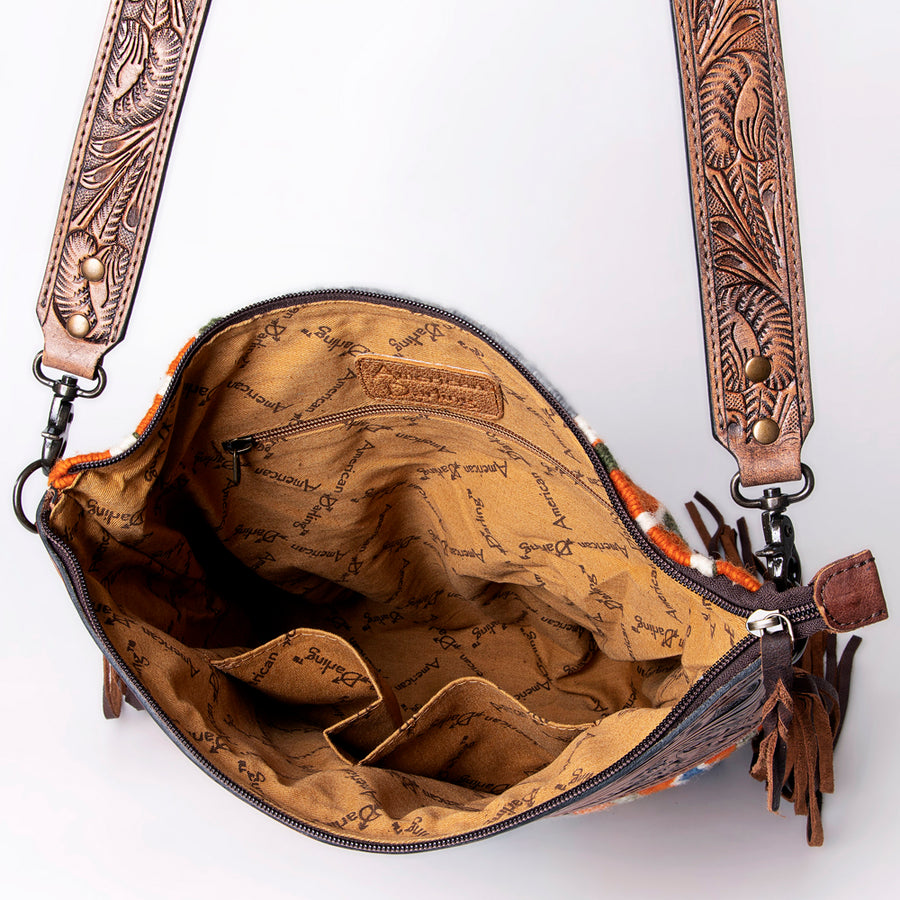 American Darling Signature Cross Body Bag Hand Tooled Floral Carved Leather Woven Saddle Blanket Fringes Genuine Leather