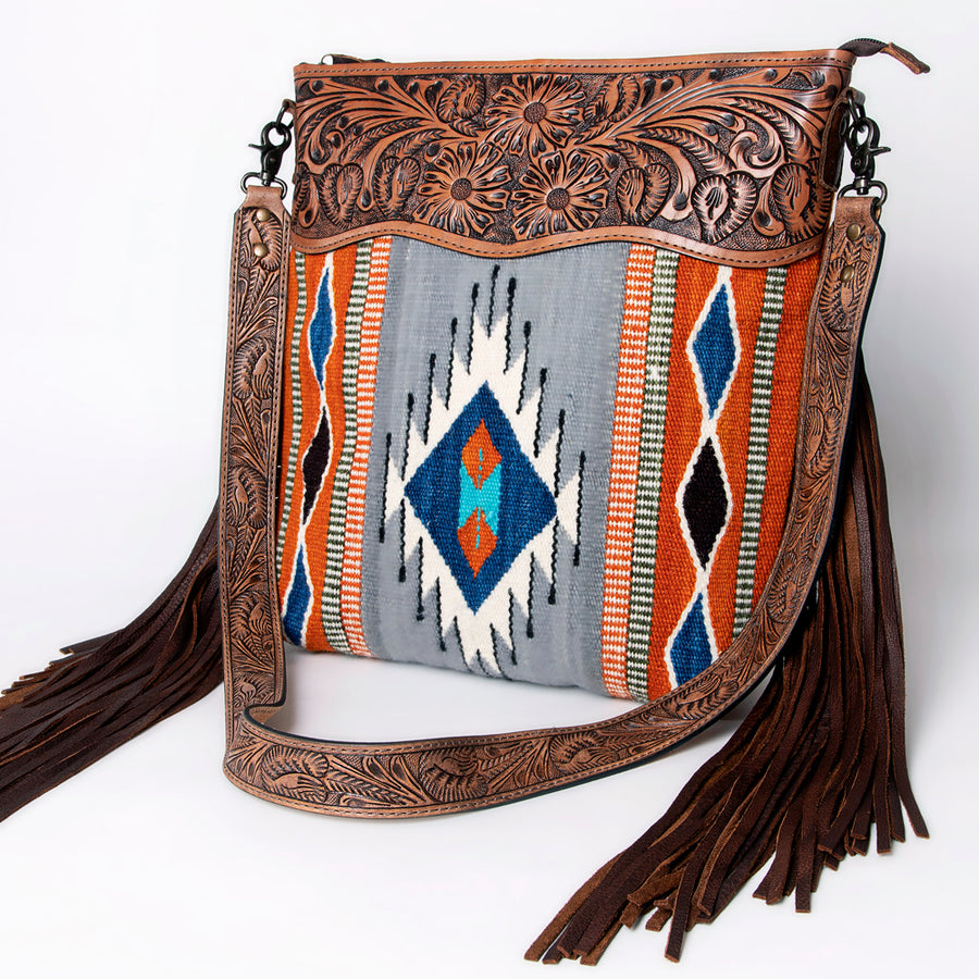 American Darling Cross body Bag - Hand Tooled Floral Leather and Woven Saddle Blanket - Uhorse