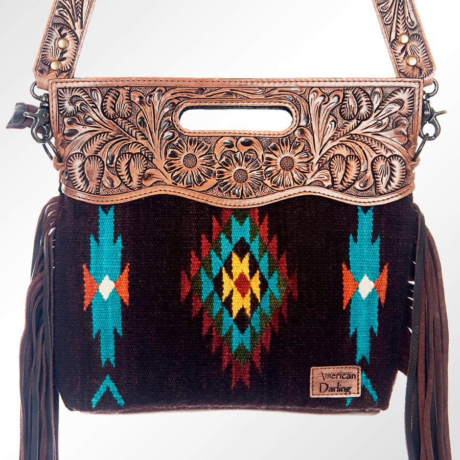 American Darling Signature Cross Body Bag Hand Tooled Floral Carved Saddle Blanket Leather Western Bag with Fringes