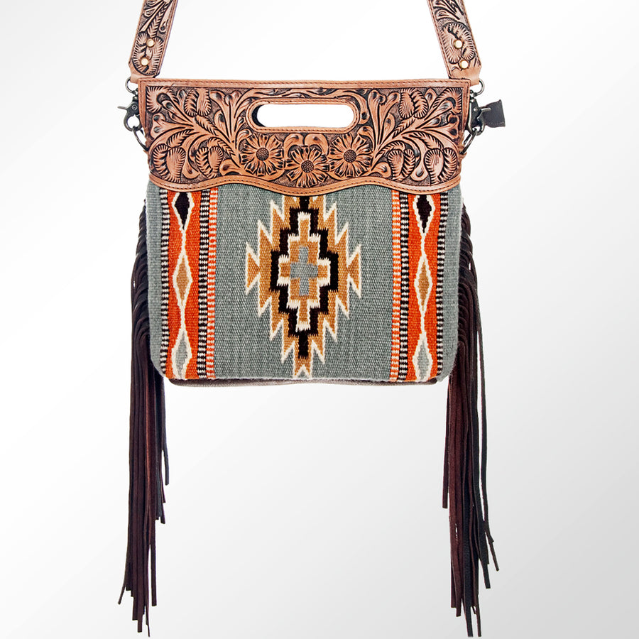 American Darling Signature Cross Body Bag Hand Tooled Floral Carved Saddle Blanket Leather Western Bag with Fringes