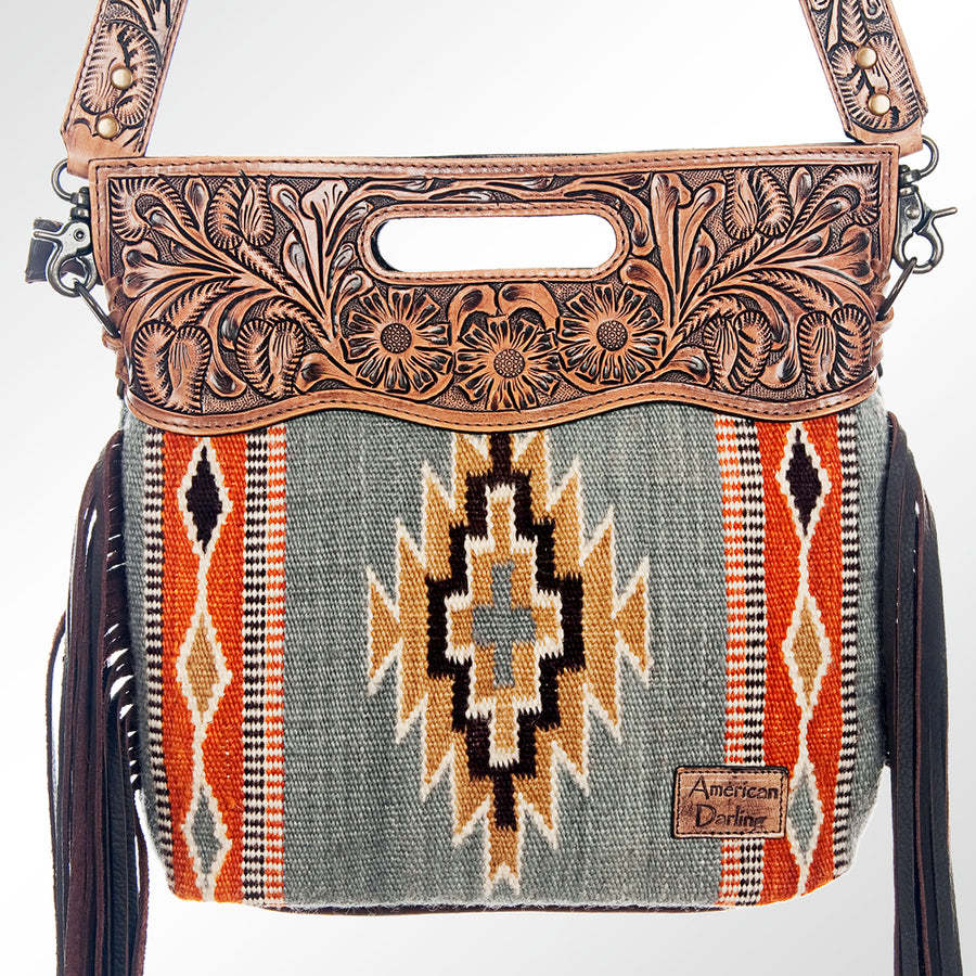 American Darling Signature Cross Body Bag Hand Tooled Floral Carved Saddle Blanket Leather Western Bag with Fringes