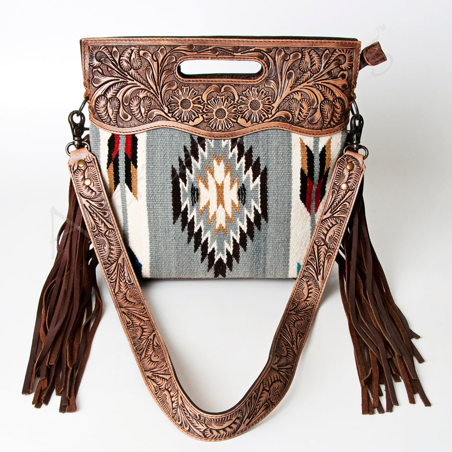 American Darling Signature Cross Body Bag Hand Tooled Floral Carved Saddle Blanket Leather Western Bag with Fringes