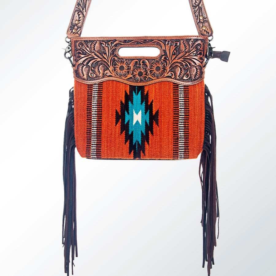 American Darling Signature Cross Body Bag Hand Tooled Floral Carved Saddle Blanket Leather Western Bag with Fringes