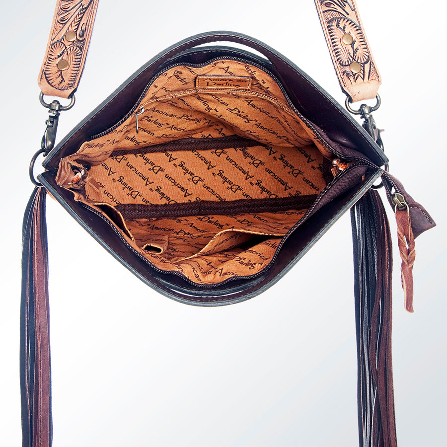 American Darling Signature Cross Body Bag Hand Tooled Floral Carved Saddle Blanket Leather Western Bag with Fringes