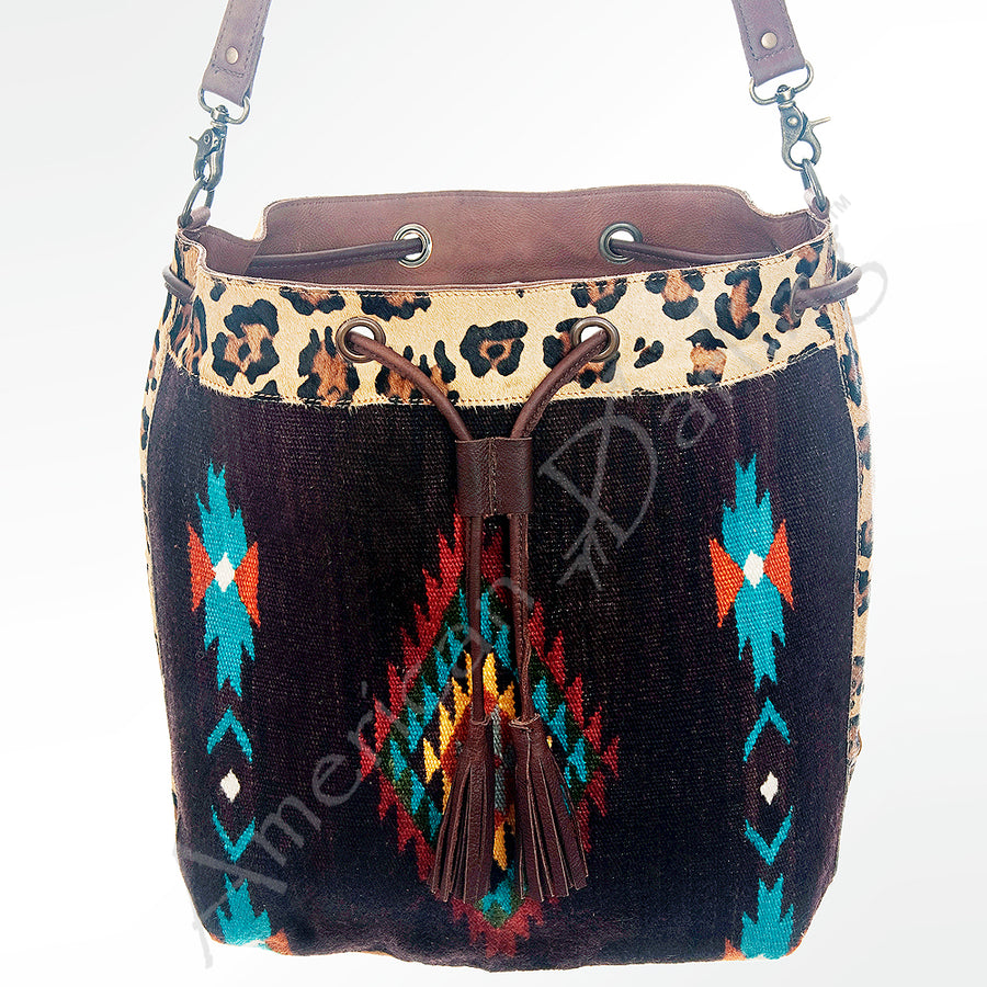 American Darling Bucket Bag Hand Woven Saddle Blanket Hair-On Cowhide Genuine Leather Western Purse with YKK Zipper