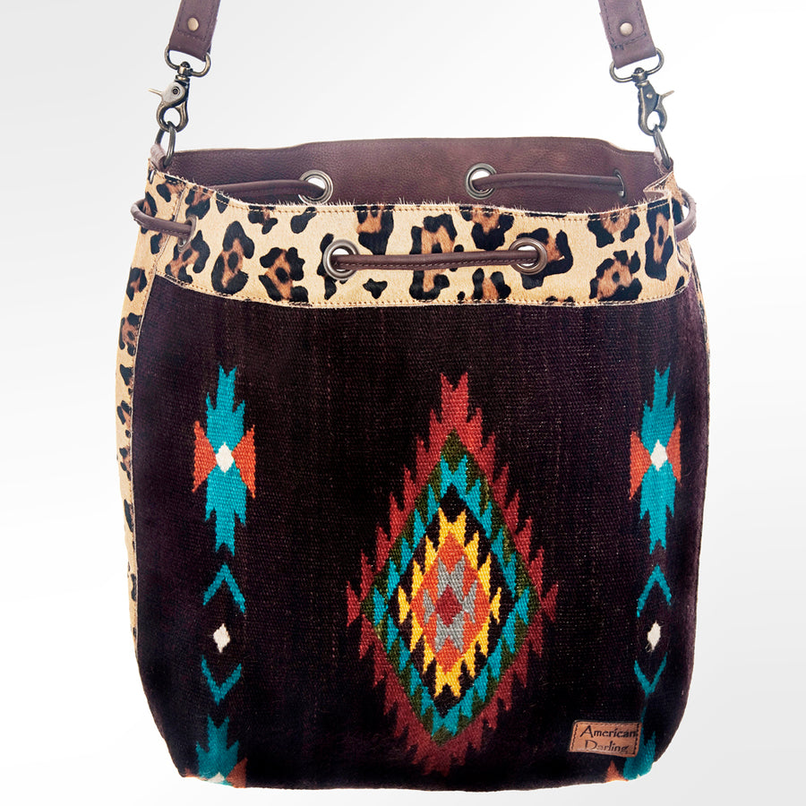 American Darling Bucket Bag Hand Woven Saddle Blanket Hair-On Cowhide Genuine Leather Western Purse with YKK Zipper