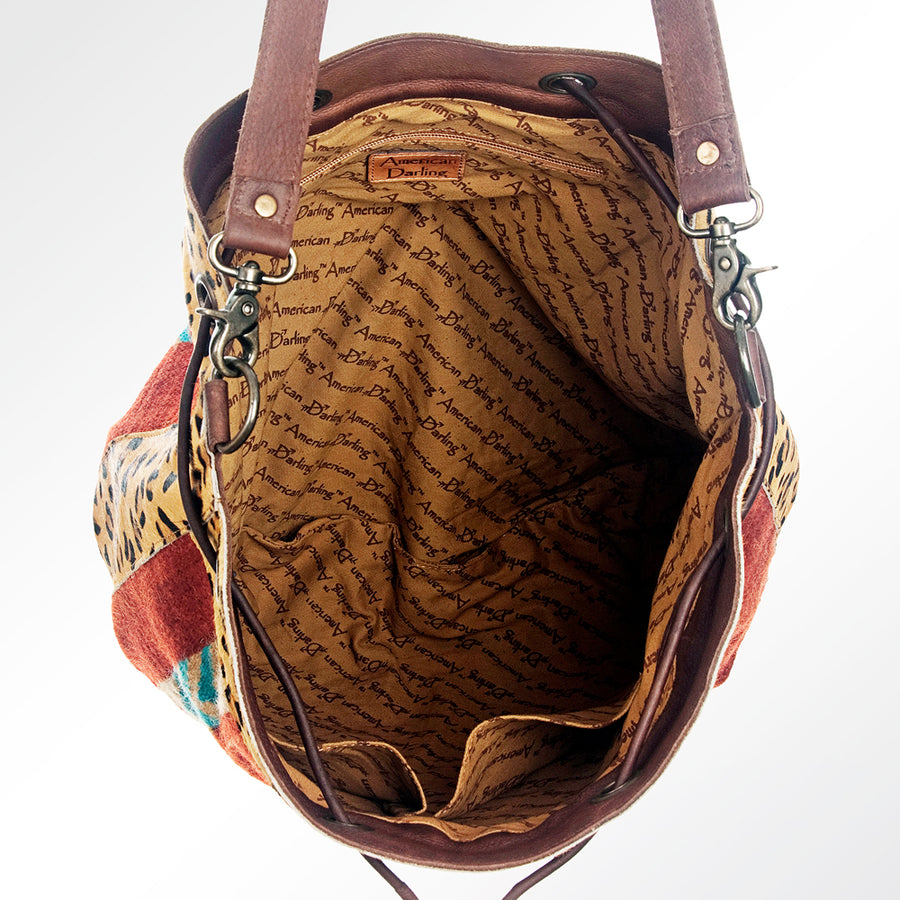 American Darling Bucket Bag Hand Woven Saddle Blanket Hair-On Cowhide Genuine Leather Western Purse with YKK Zipper