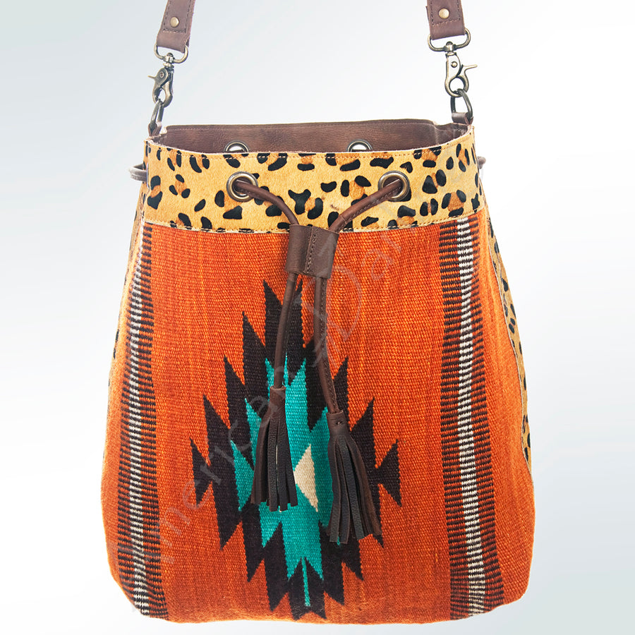 American Darling Bucket Bag Hand Woven Saddle Blanket Hair-On Cowhide Genuine Leather Western Purse with YKK Zipper