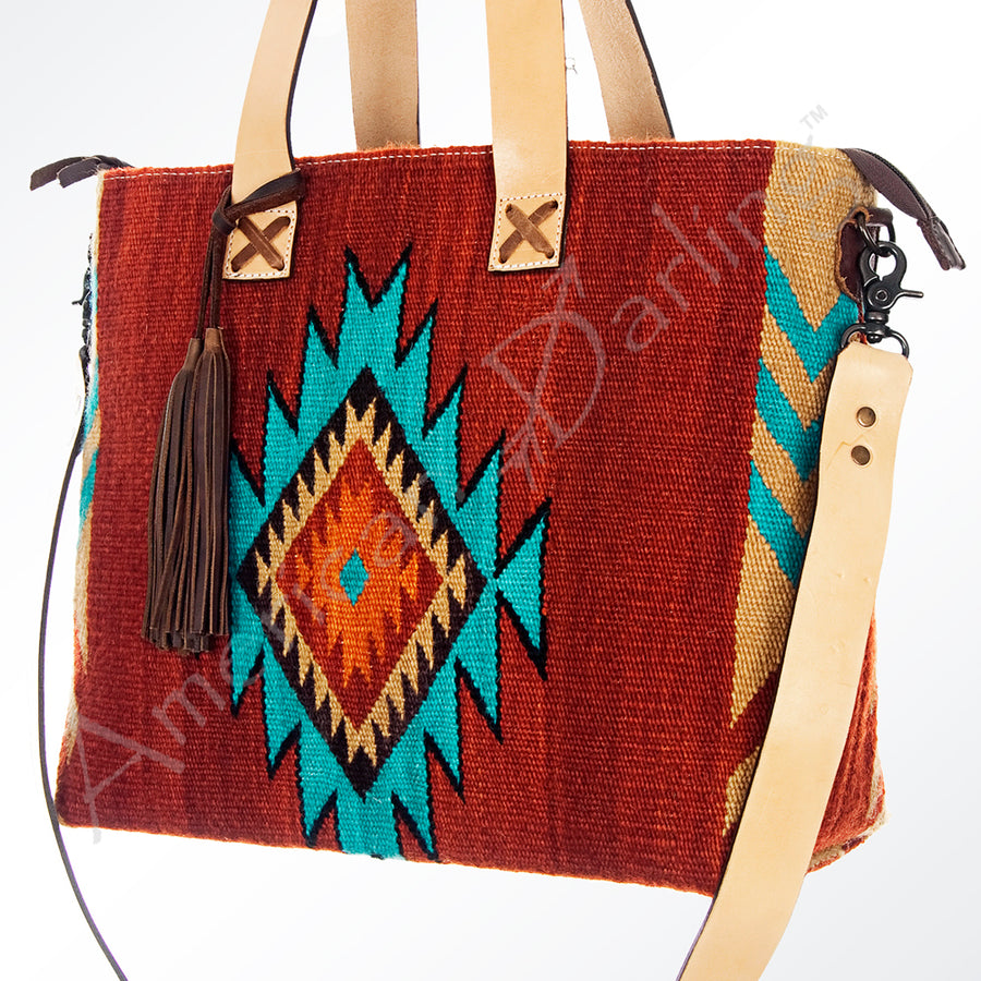 American Darling Hand Woven Saddle Blanket Western Leather Tote Bag - Uhorse