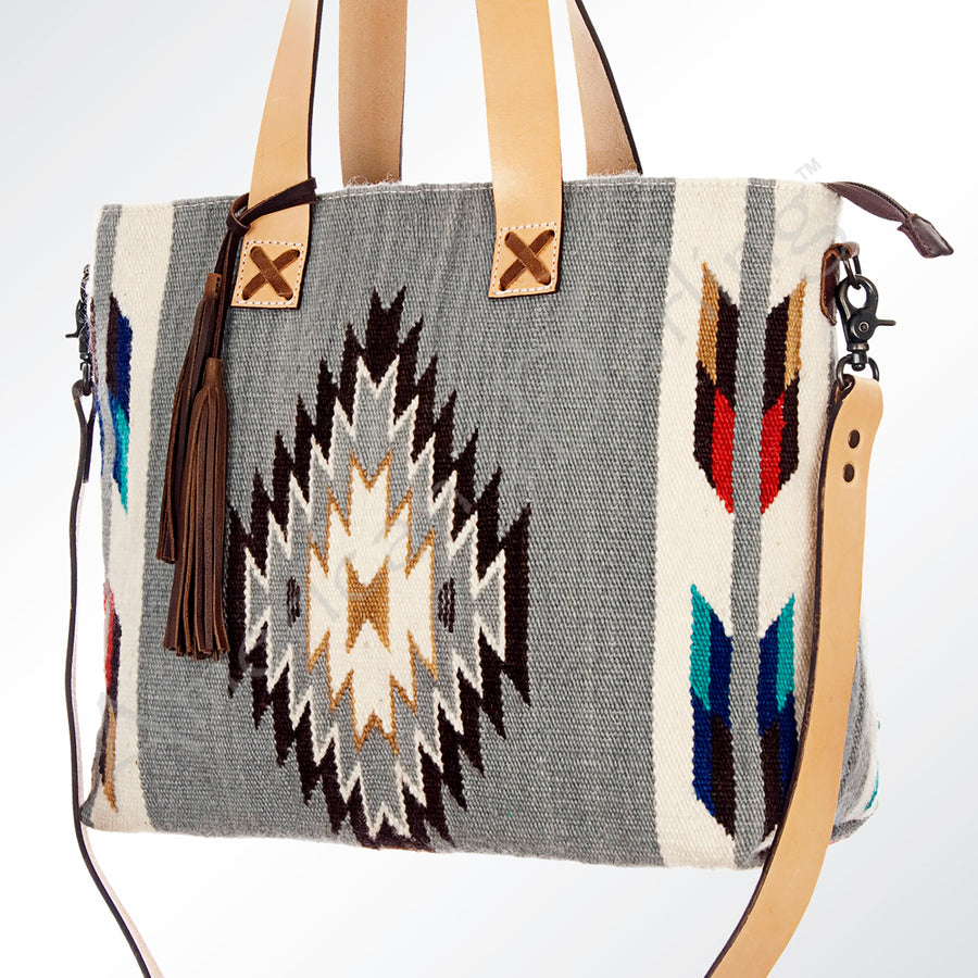 American Darling Hand Woven Saddle Blanket Western Leather Tote Bag with Tassels - Uhorse