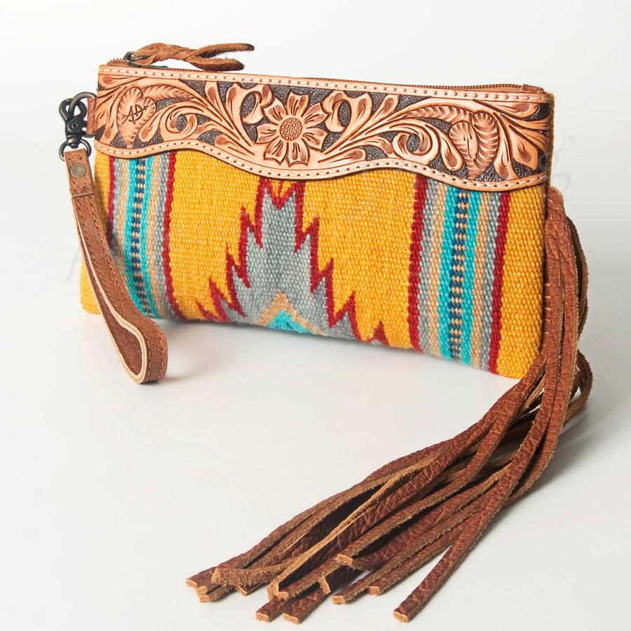 American Darling Western Leather Wristlet Bag with Hand Tooled Floral Carving and Saddle Blanket - Uhorse
