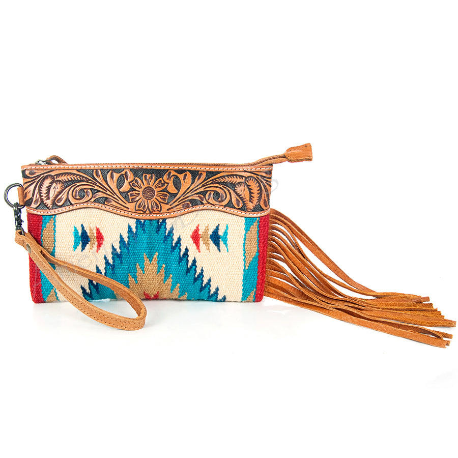 American Darling Western Leather Wristlet Bag with Hand Tooled Floral Carving and Saddle Blanket - Uhorse