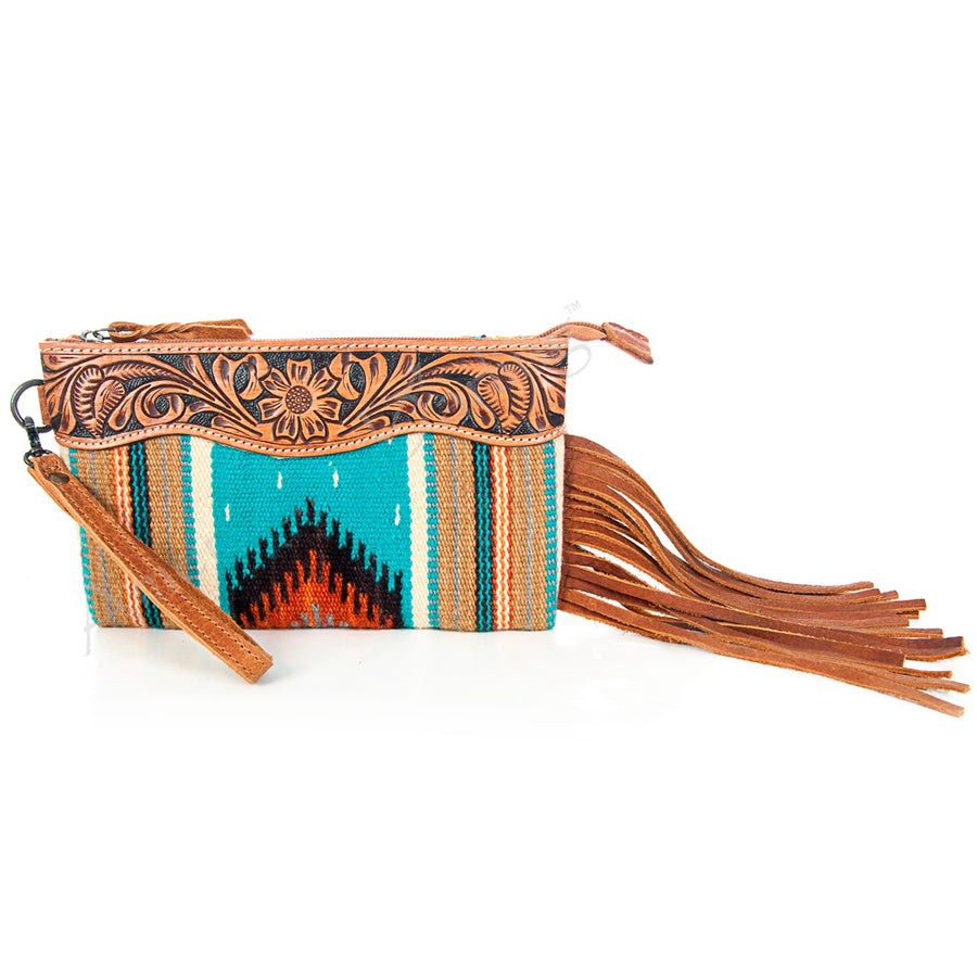 American Darling Western Leather Wristlet Bag with Hand Tooled Floral Detail and Saddle Blanket - Uhorse