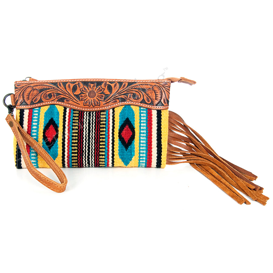 American Darling Western Leather Wristlet Bag with Hand Tooled Floral Carving and Saddle Blanket - Uhorse