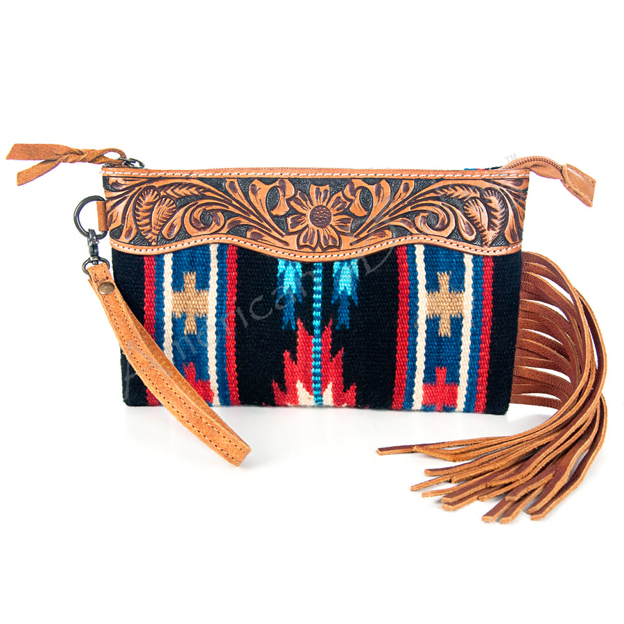 American Darling Western Leather Wristlet Bag with Hand Tooled Floral Detail and Saddle Blanket - Uhorse