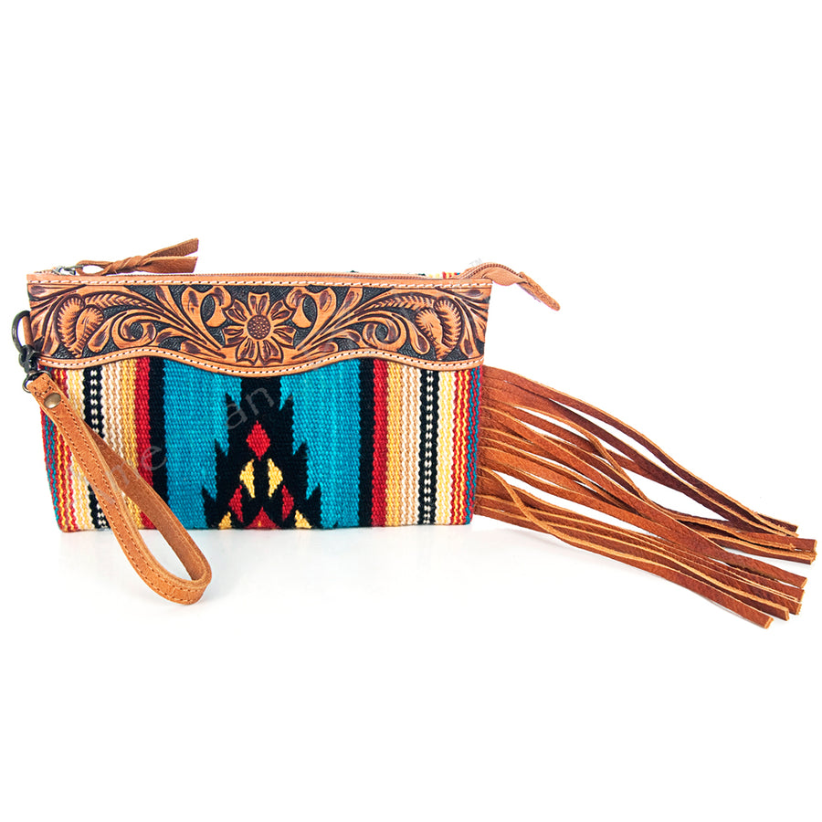 American Darling Western Leather Wristlet Bag with Hand Tooled Floral Detail and Saddle Blanket - Uhorse