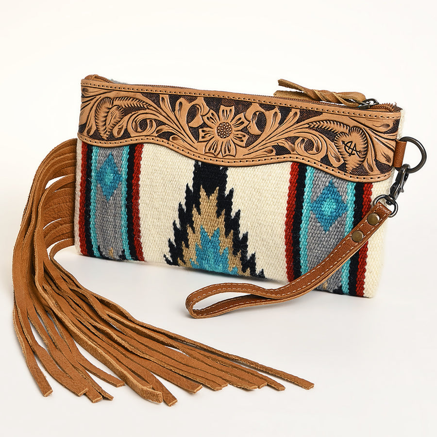 American Darling Western Leather Wristlet Bag with Hand Tooled Floral Detail and Saddle Blanket - Uhorse