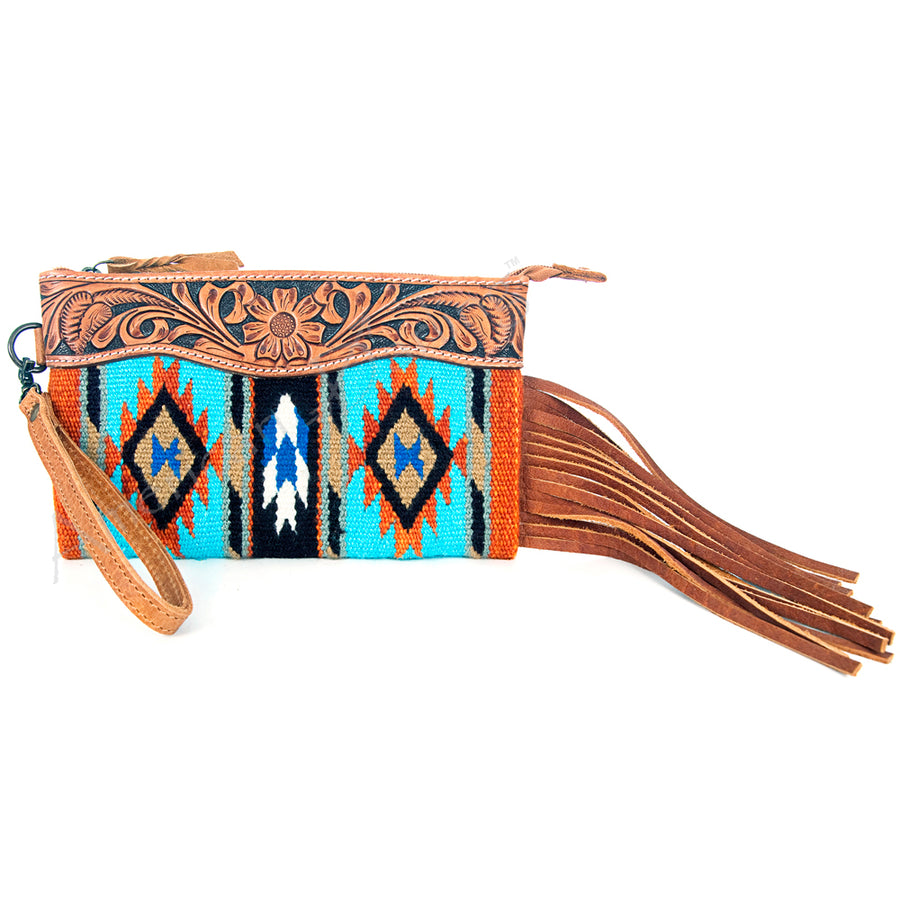 American Darling Western Leather Wristlet Bag with Hand Tooled Floral Detail and Saddle Blanket - Uhorse