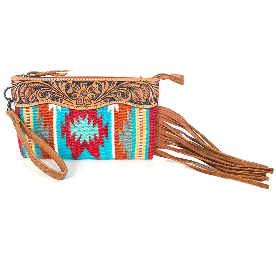 American Darling Western Leather Wristlet Bag with Hand Tooled Floral Carving and Saddle Blanket - Uhorse