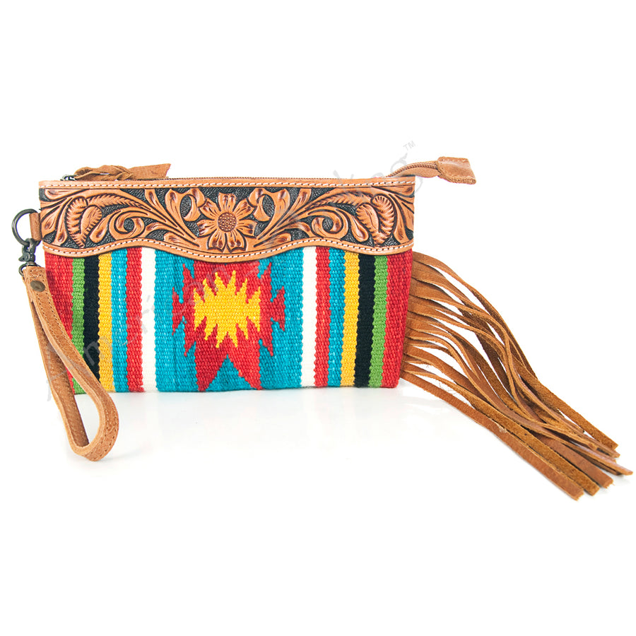American Darling Western Leather Wristlet Bag with Hand Tooled Floral Carving and Saddle Blanket - Uhorse