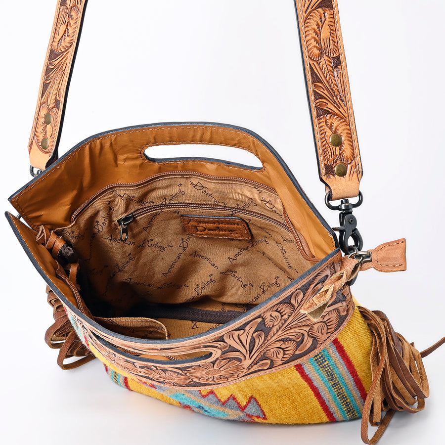 American Darling Western Clutch Bag Hand Tooled Floral Carved Hand Woven Saddle Blanket Leather Crossbody with Fringes