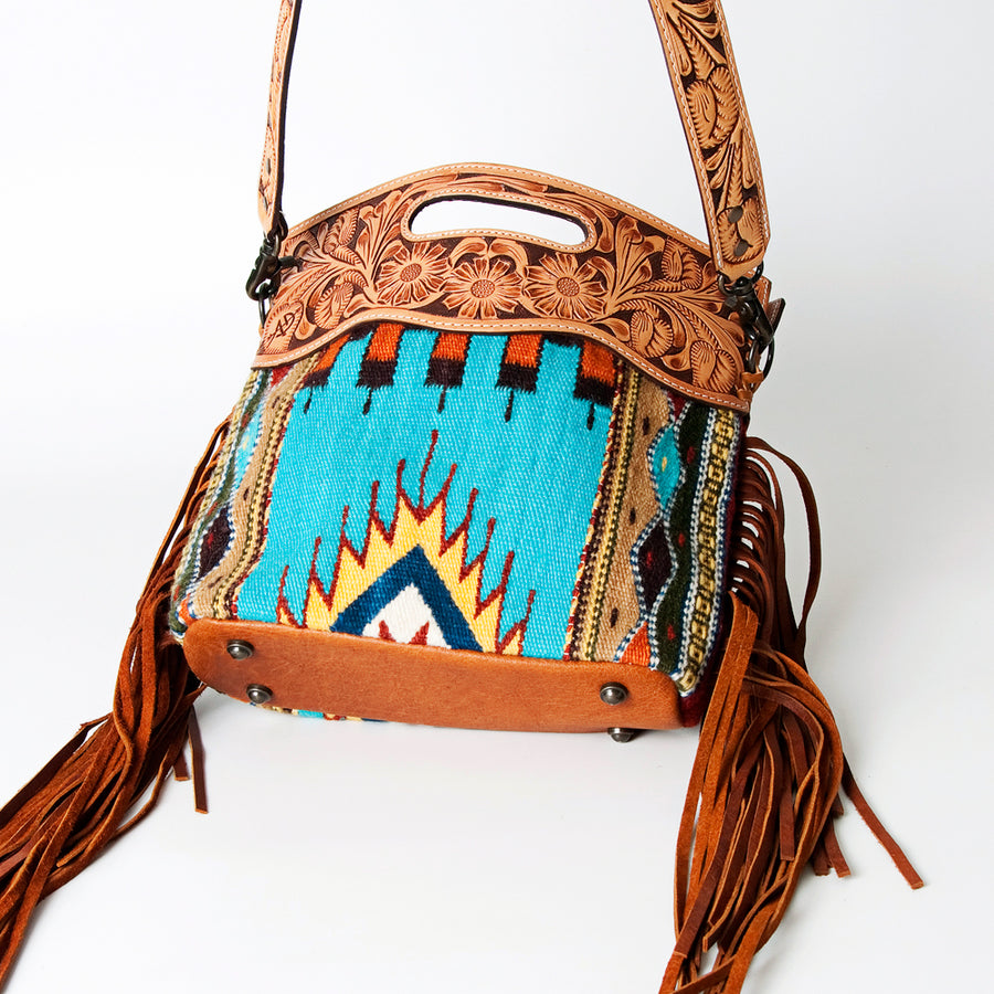 American Darling Western Clutch Bag Hand Tooled Floral Carved Hand Woven Saddle Blanket Leather Crossbody with Fringes